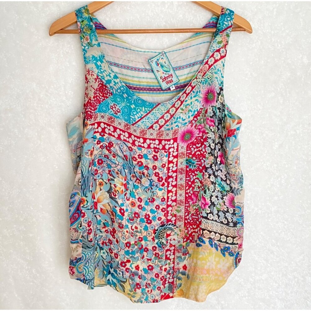size S‎ Johnny Was colorful cupra rayon tank top reversible blouse (tear at hem)
